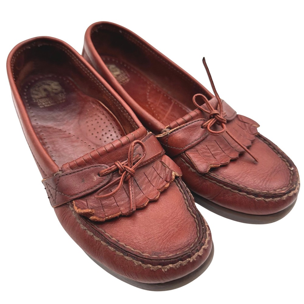 Vintage 80s SAS Womens Academia Cognac Brown Leather Kiltie Fringe Loafers 7.5M